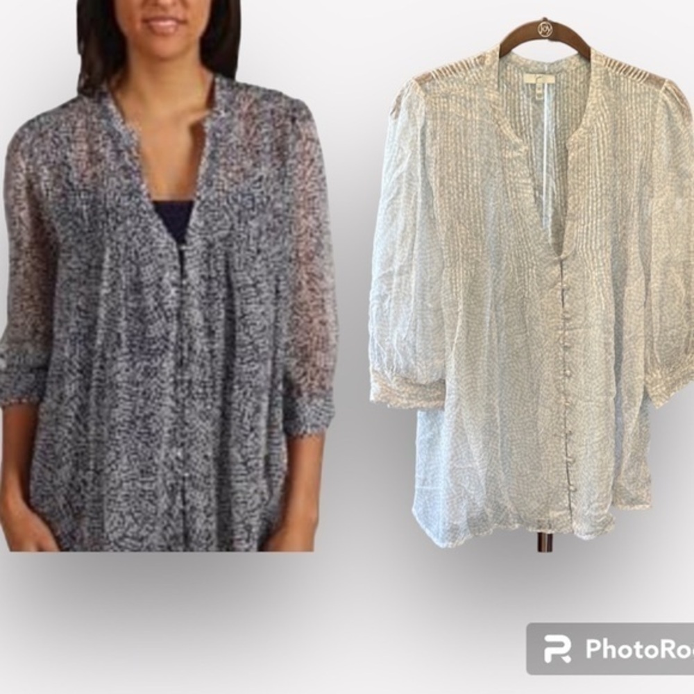 🍁🐠Joie 100% Silk Sheer Blouse | XS | Plissé Pleats | Gray & Off-White Abstract